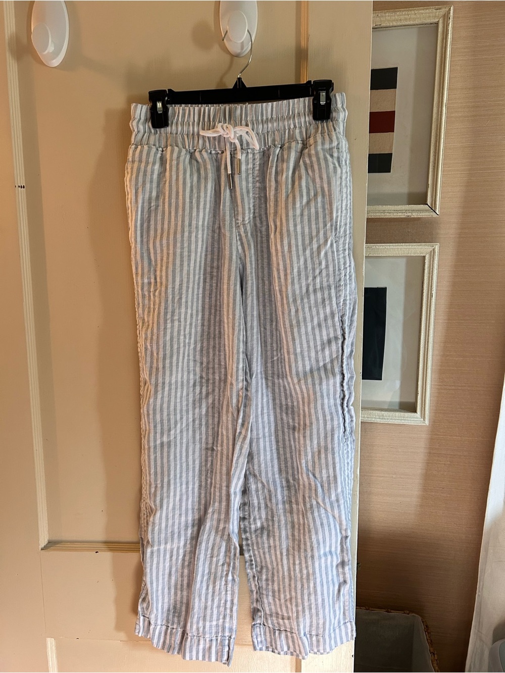 Quince Light Blue & White Striped Wide-Leg Linen-Blend Pants - Picture 7 of 10